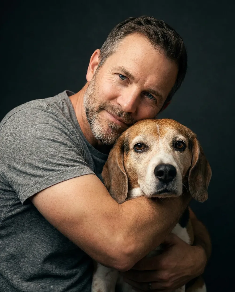 Example AI portrait of the man hugging his old beagle against a dark backdrop