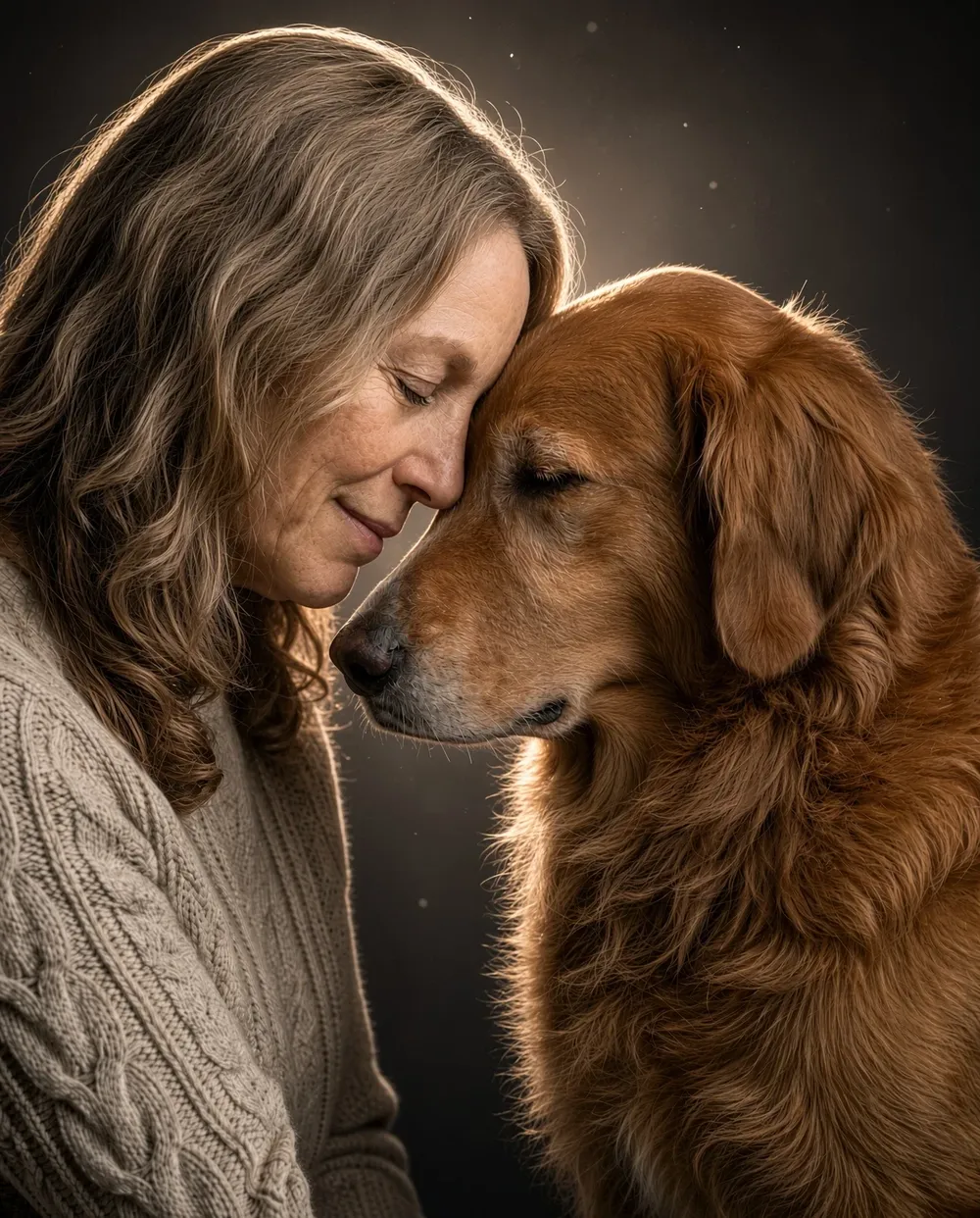 Example AI portrait of the woman and her golden retriever, foreheads touching, against a dark backdrop