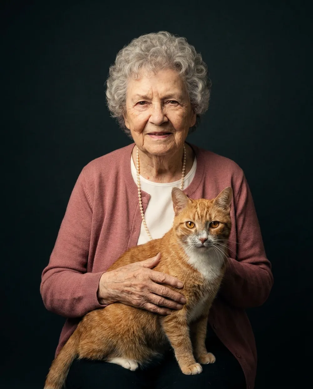 Example AI portrait of the woman with her ginger cat on her lap, against a dark backdrop