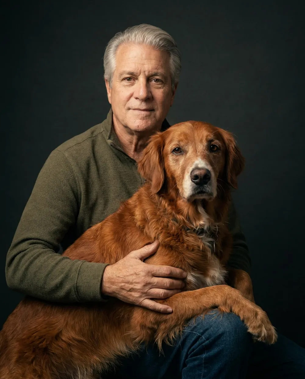Example AI portrait of the man and his golden retriever against a dark backdrop